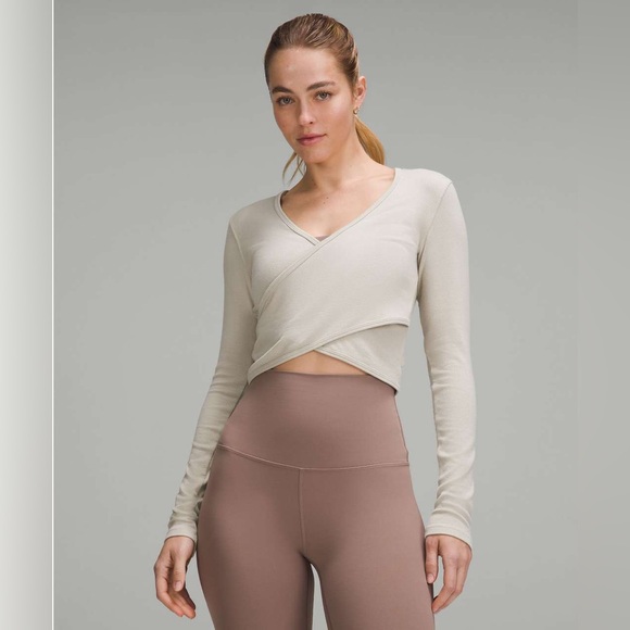 Lululemon Wrap-Front Ribbed Long-Sleeve Top, colorMojave Tan, Lululemon Yoga Top - Picture 1 of 7